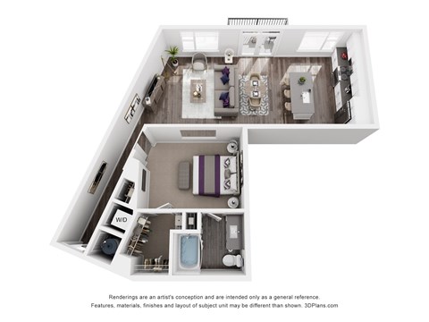 The Roswell | Glenn Perimeter A 3D floor plan of a small apartment with a kitchen, living room, and bathroom.